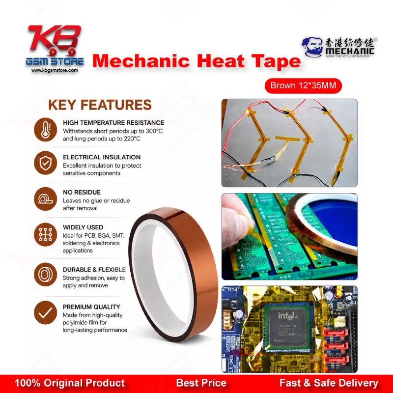Mechanic Heat Tape Brown 12mm x 35M - Kapton Tape for Mobile Repair
