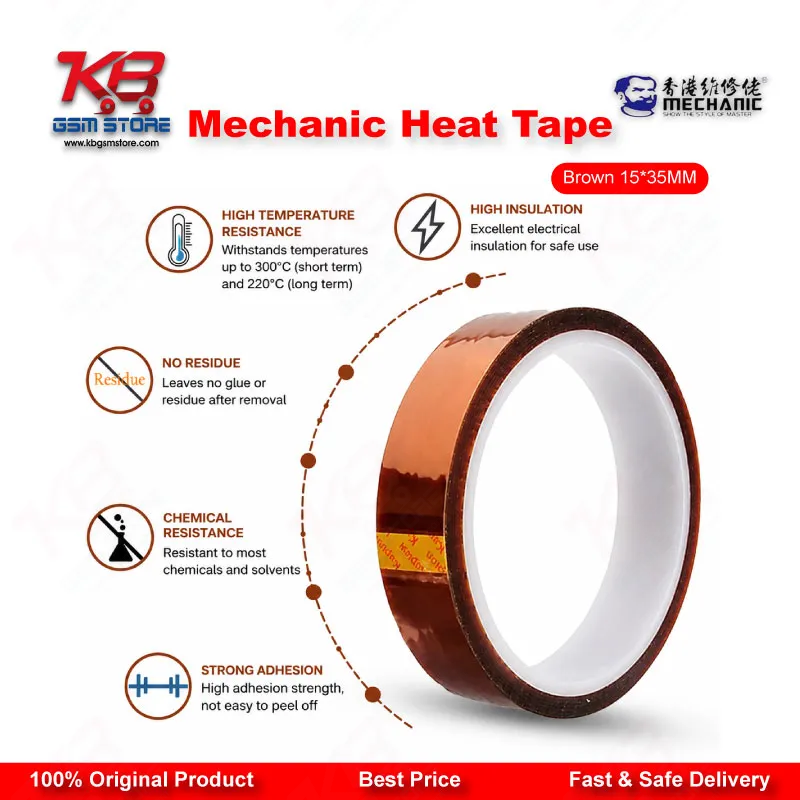 MECHANIC Heat Resistant Tape Brown 15mm x 35M – High Temperature Kapton Tape for Mobile Repair