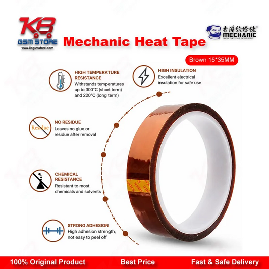 MECHANIC Heat Resistant Tape Brown 15mm x 35M – High Temperature Kapton Tape for Mobile Repair