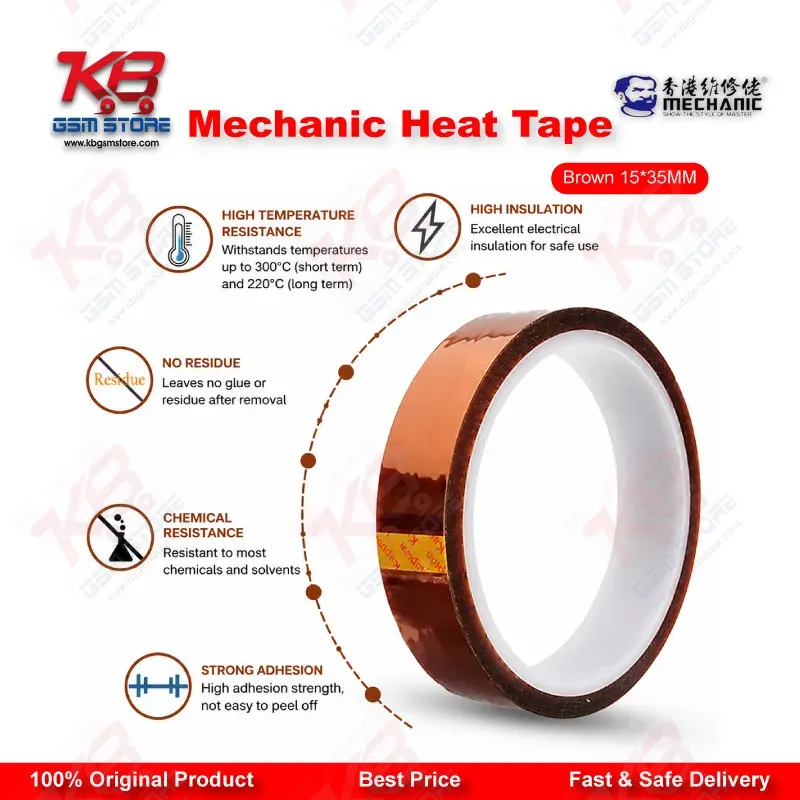 MECHANIC Heat Resistant Tape Brown 15mm x 35M – High Temperature Kapton Tape for Mobile Repair