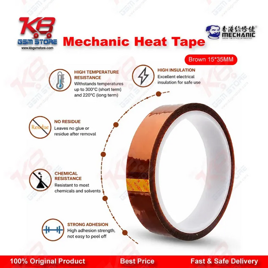 MECHANIC Heat Resistant Tape Brown 15mm x 35M – High Temperature Kapton Tape for Mobile Repair