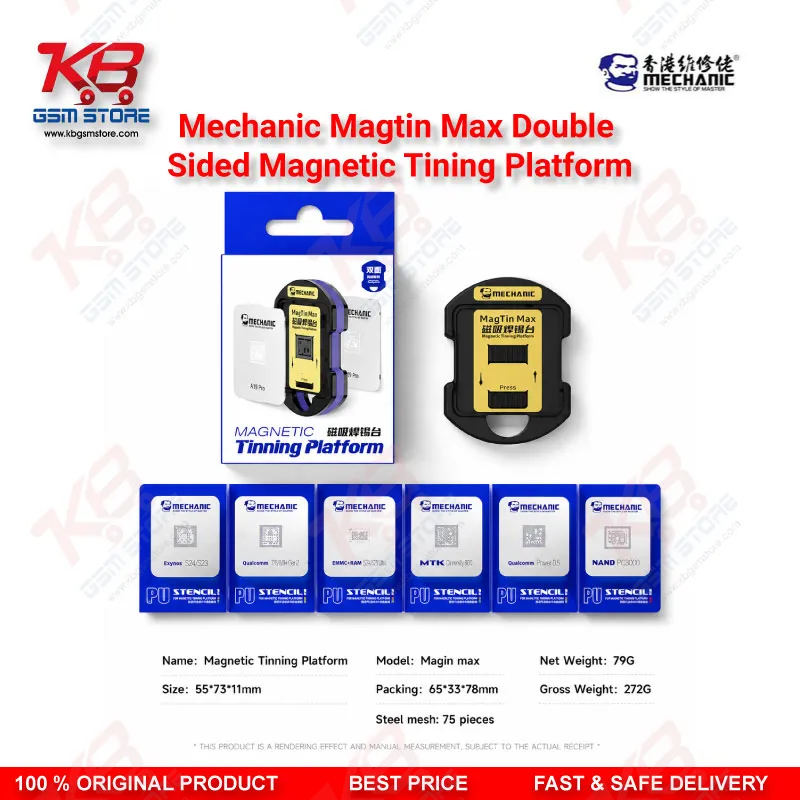 Mechanic MagTin Max Dual-Sided Magnetic BGA Reballing Platform – 75 Stencil Set for iPhone, Samsung, Huawei, Qualcomm & MediaTek