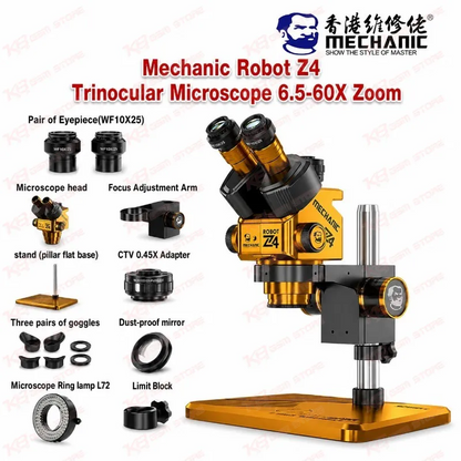 Mechanic Robot Z4 Trinocular Microscope 6.5-60X Zoom