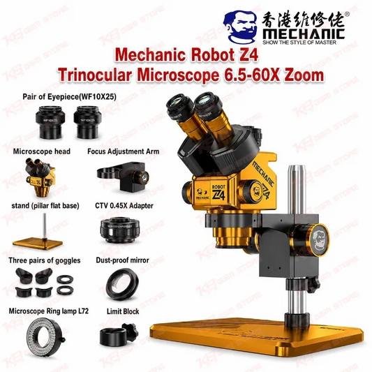 Mechanic Robot Z4 Trinocular Microscope 6.5-60X Zoom