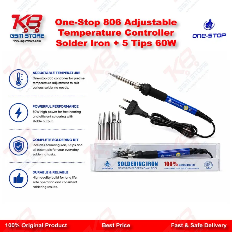 One-Stop 806 Adjustable Temperature Controller Solder Iron + 5 Tips 60W