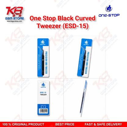 One Stop ESD-15 Black Curved Tweezer – Anti-Static Precision Tweezer for Mobile Repair