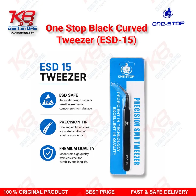 One Stop ESD-15 Black Curved Tweezer – Anti-Static Precision Tweezer for Mobile Repair