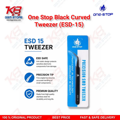 One Stop ESD-15 Black Curved Tweezer – Anti-Static Precision Tweezer for Mobile Repair
