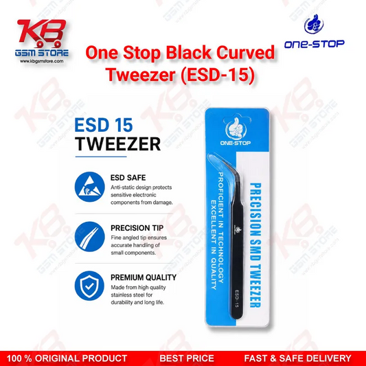One Stop ESD-15 Black Curved Tweezer – Anti-Static Precision Tweezer for Mobile Repair
