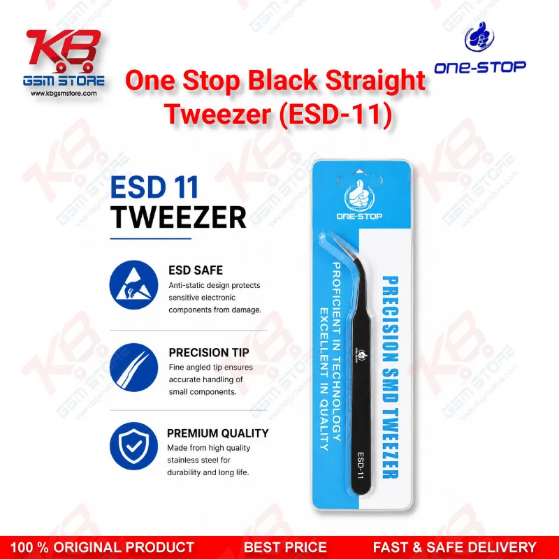 One-Stop ESD-11 Black Straight Tweezer