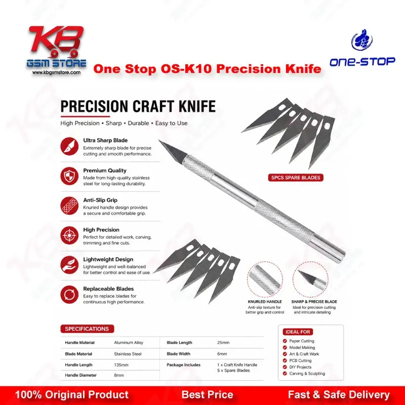 One Stop OS-K10 Precision Knife – Aluminium Handle with Stainless Steel Blade (5 Pcs)