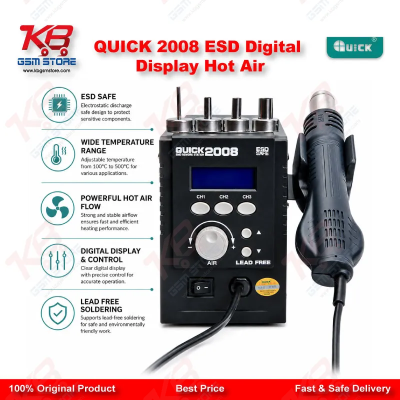 QUICK 2008 ESD Digital Display Hot Air Rework Station – 700W BGA SMD Soldering Station