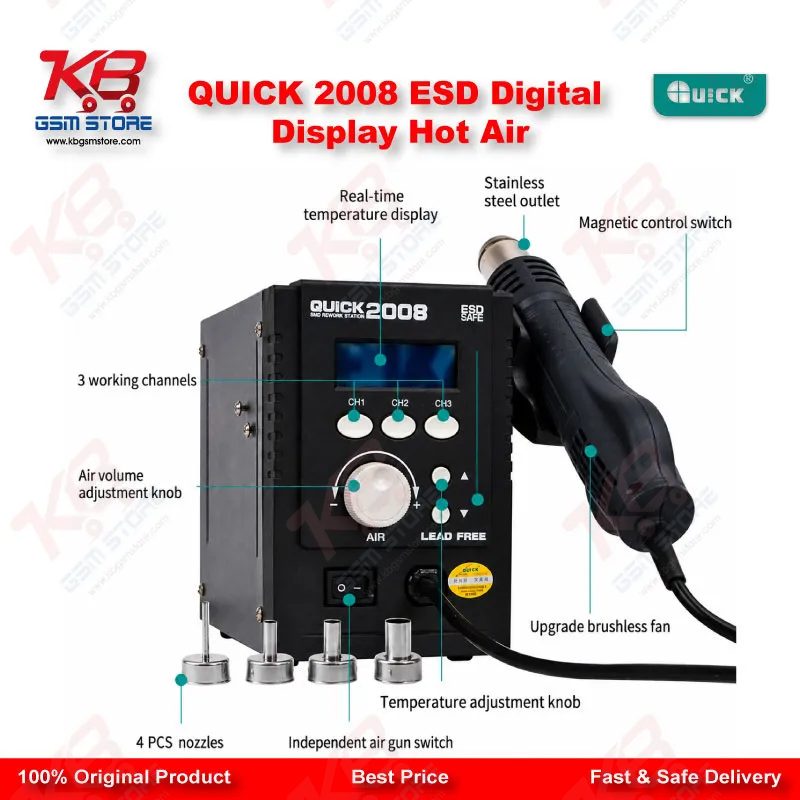 QUICK 2008 ESD Digital Display Hot Air Rework Station – 700W BGA SMD Soldering Station