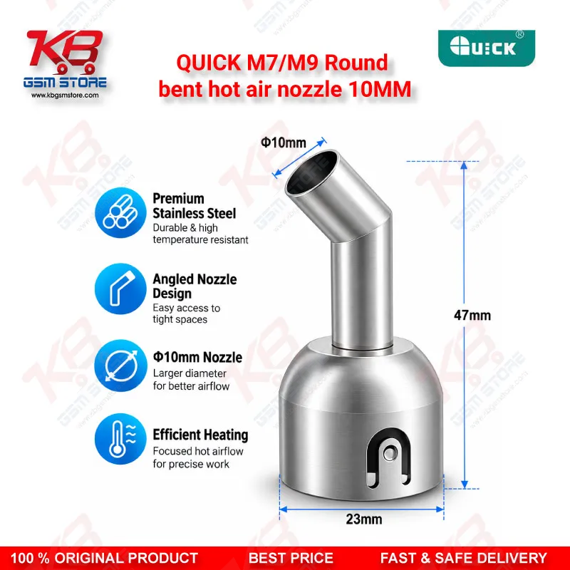 QUICK M7/M9 Round bent hot air nozzle 10MM – 45° Angled Stainless Steel SMD Rework Nozzle for BGA & PCB Repair