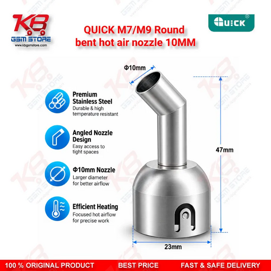 QUICK M7/M9 Round bent hot air nozzle 10MM – 45° Angled Stainless Steel SMD Rework Nozzle for BGA & PCB Repair