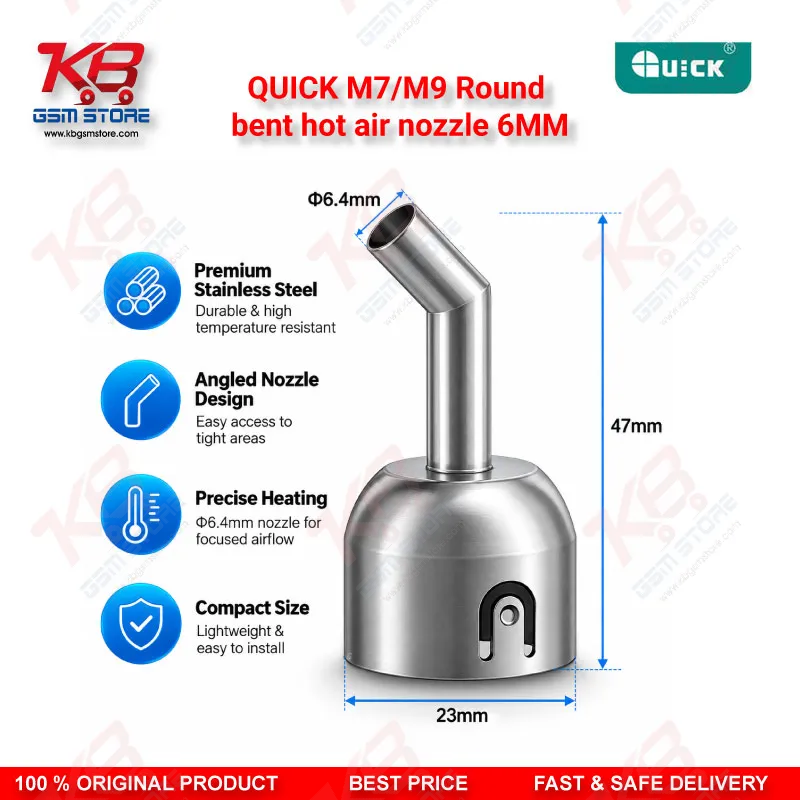QUICK M7/M9 Round bent hot air nozzle 6MM – 45° Stainless Steel Microscope Nozzle for Hot Air Rework Stations