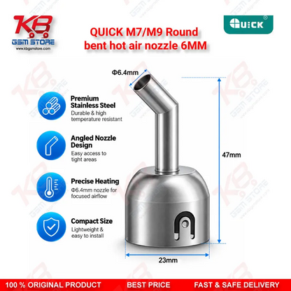 QUICK M7/M9 Round bent hot air nozzle 6MM – 45° Stainless Steel Microscope Nozzle for Hot Air Rework Stations