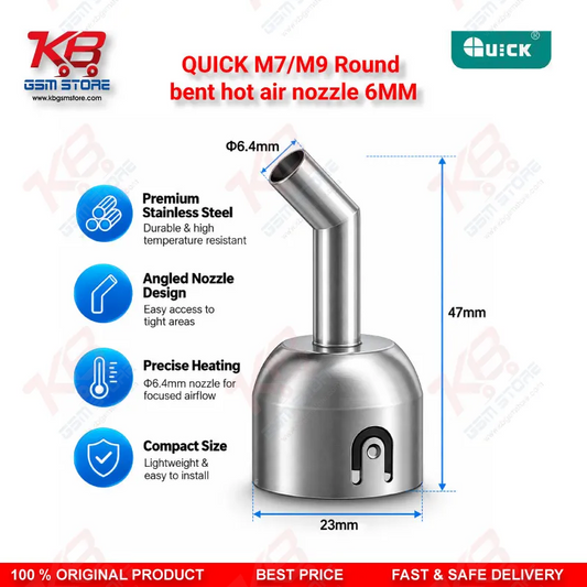 QUICK M7/M9 Round bent hot air nozzle 6MM – 45° Stainless Steel Microscope Nozzle for Hot Air Rework Stations