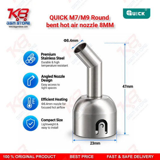 QUICK M7/M9 Round Bent Hot Air Nozzle 8MM – 45° Stainless Steel Rework Nozzle for BGA & SMD Desoldering