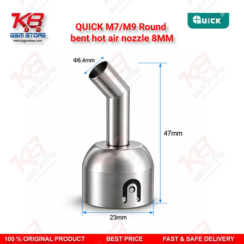 QUICK M7/M9 Round Bent Hot Air Nozzle 8MM – 45° Stainless Steel Rework Nozzle for BGA & SMD Desoldering