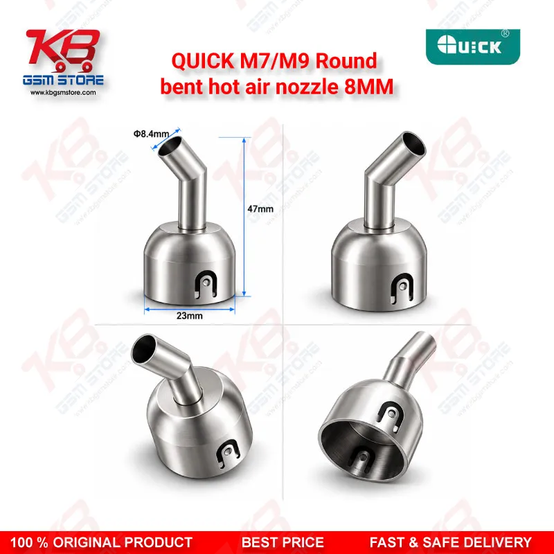 QUICK M7/M9 Round Bent Hot Air Nozzle 8MM – 45° Stainless Steel Rework Nozzle for BGA & SMD Desoldering