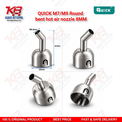 QUICK M7/M9 Round Bent Hot Air Nozzle 8MM – 45° Stainless Steel Rework Nozzle for BGA & SMD Desoldering
