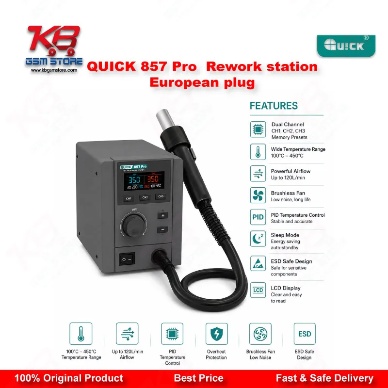 QUICK 857 Pro 580W Digital Hot Air Rework Station (European Plug)