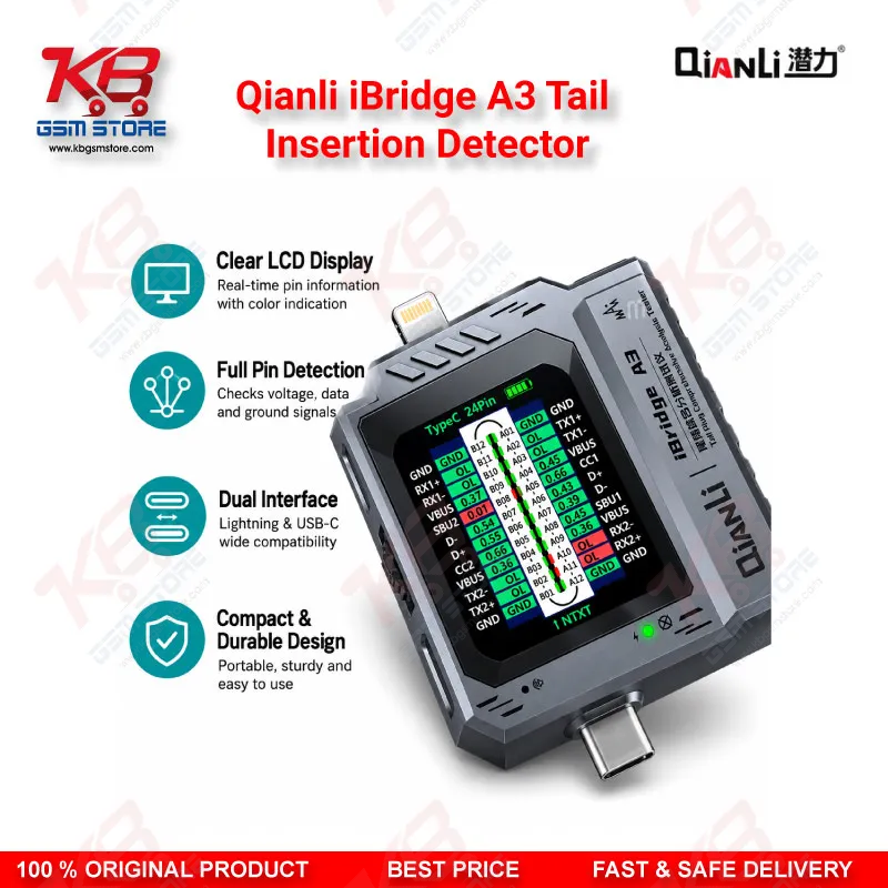 Qianli iBridge A3 Tail Insertion Detector – Lightning & Type-C Charging Port Tester with HD Display for iPhone & Android Repair