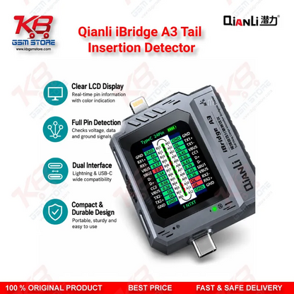 Qianli iBridge A3 Tail Insertion Detector – Lightning & Type-C Charging Port Tester with HD Display for iPhone & Android Repair