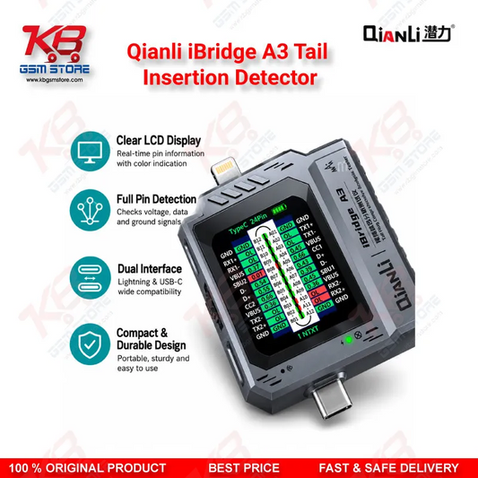 Qianli iBridge A3 Tail Insertion Detector – Lightning & Type-C Charging Port Tester with HD Display for iPhone & Android Repair