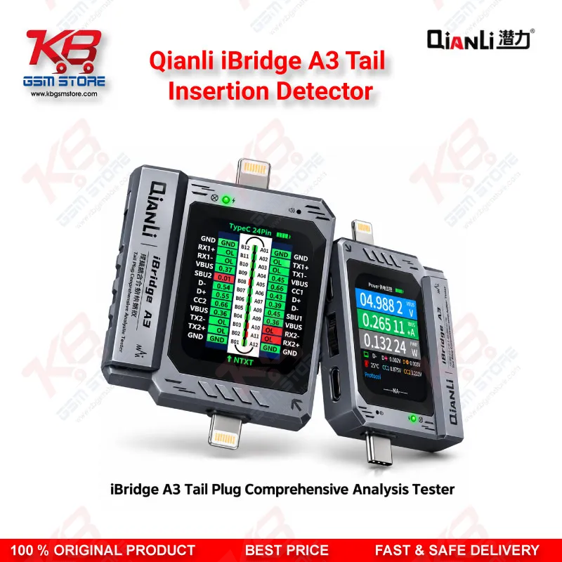 Qianli iBridge A3 Tail Insertion Detector – Lightning & Type-C Charging Port Tester with HD Display for iPhone & Android Repair