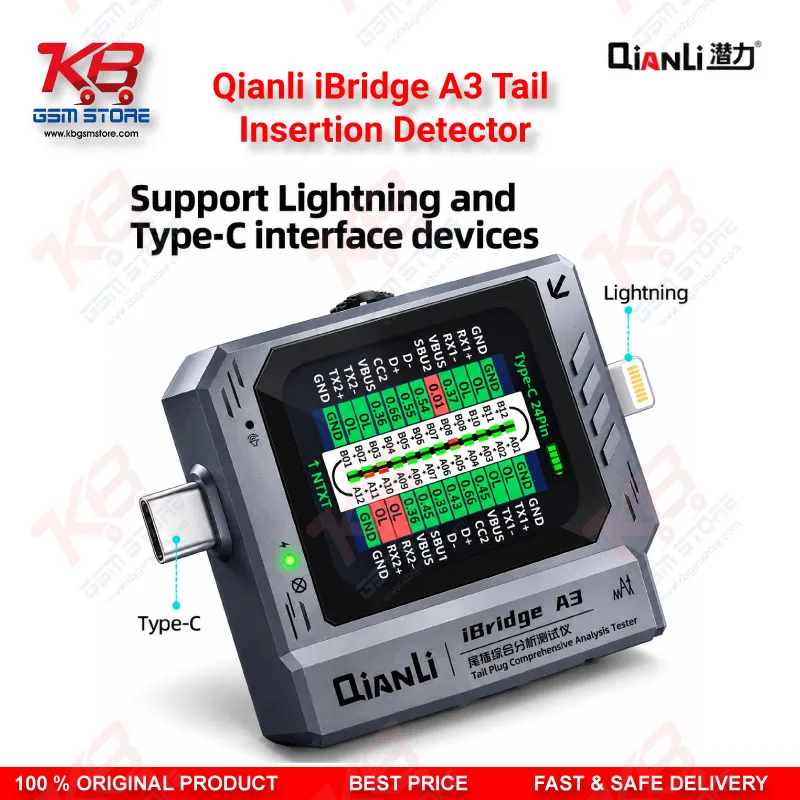 Qianli iBridge A3 Tail Insertion Detector – Lightning & Type-C Charging Port Tester with HD Display for iPhone & Android Repair