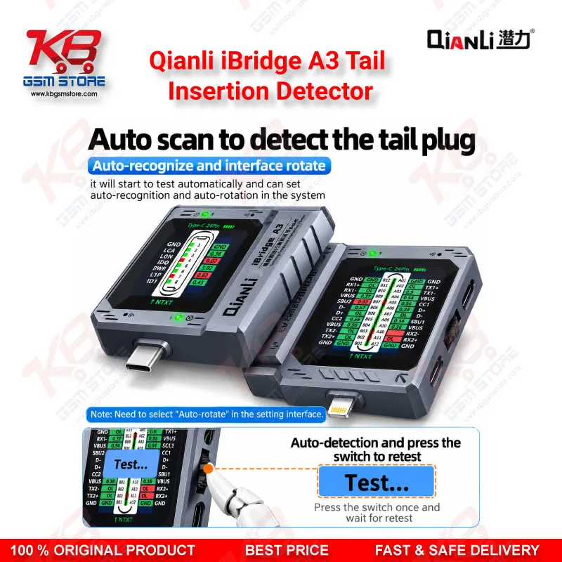 Qianli iBridge A3 Tail Insertion Detector – Lightning & Type-C Charging Port Tester with HD Display for iPhone & Android Repair