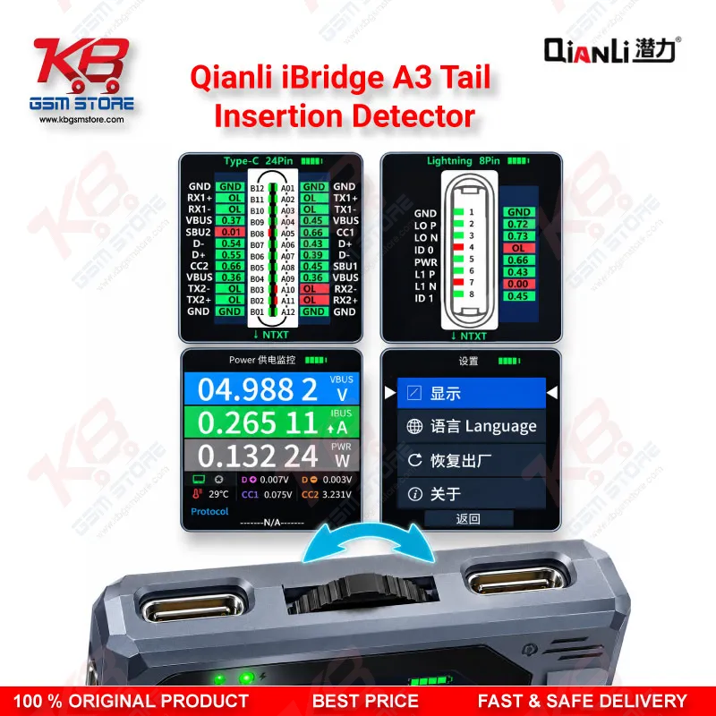 Qianli iBridge A3 Tail Insertion Detector – Lightning & Type-C Charging Port Tester with HD Display for iPhone & Android Repair
