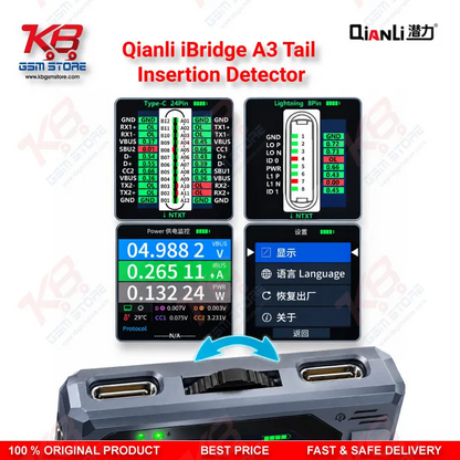 Qianli iBridge A3 Tail Insertion Detector – Lightning & Type-C Charging Port Tester with HD Display for iPhone & Android Repair