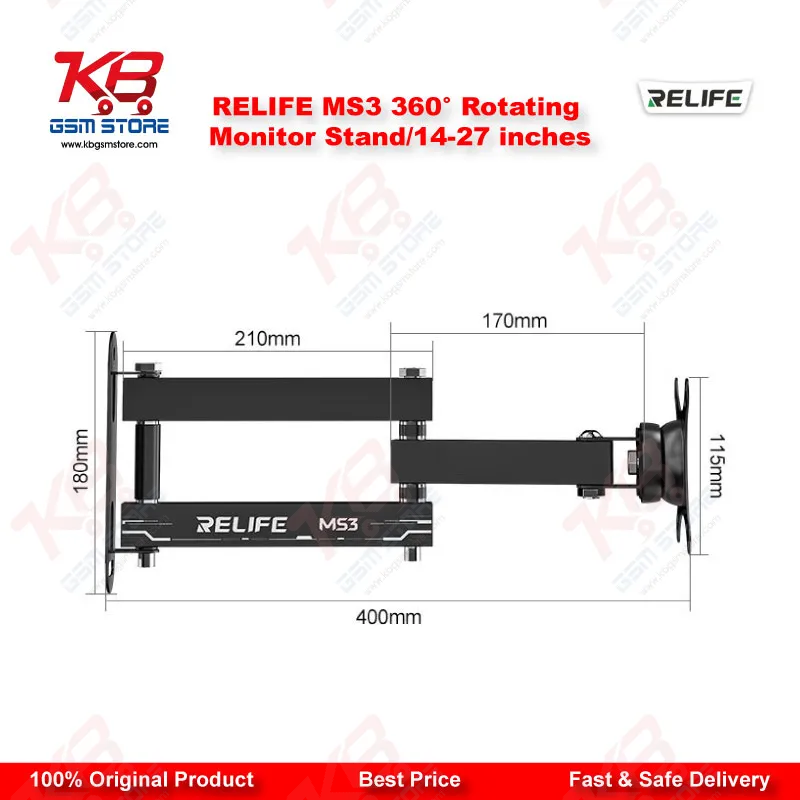RELIFE MS3 360° Rotating Wall Mount Monitor Stand – 14 to 27 Inch