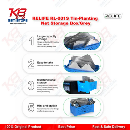 RELIFE RL-001S Tin-Planting Net Storage Box (Grey) – BGA Stencil Organizer for Mobile Repair Workshops