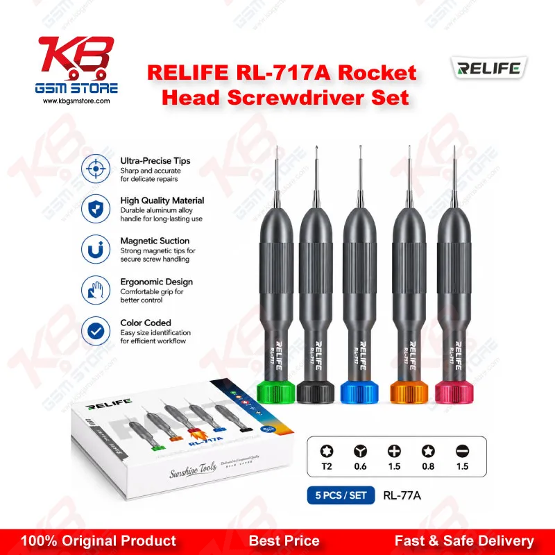RELIFE RL-717A Rocket Head Precision Screwdriver Set (5-in-1) – IP17 & Android Compatible