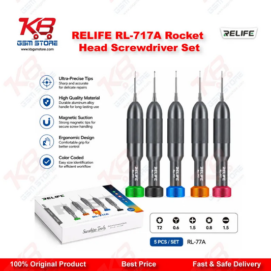 RELIFE RL-717A Rocket Head Precision Screwdriver Set (5-in-1) – IP17 & Android Compatible