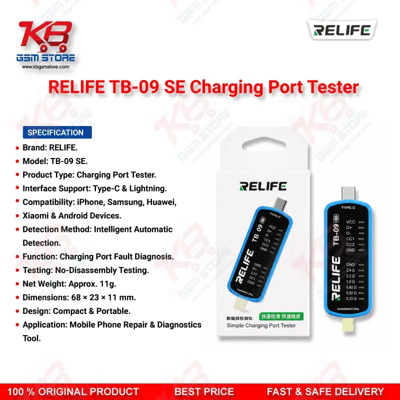 RELIFE TB-09 SE Type-C & Lightning Charging Port Tester for iPhone & Android