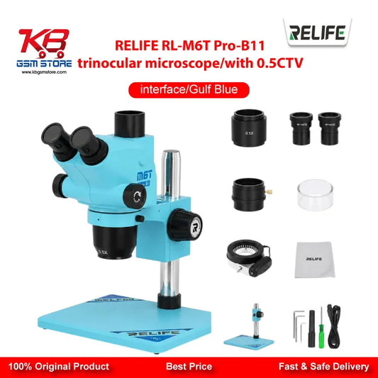 RELIFE RL-M6T Pro-B11 Trinocular Stereo Microscope 6.5X–65X Continuous Zoom with 0.5X CTV Adapter Gulf Blue | Mobile PCB Repair