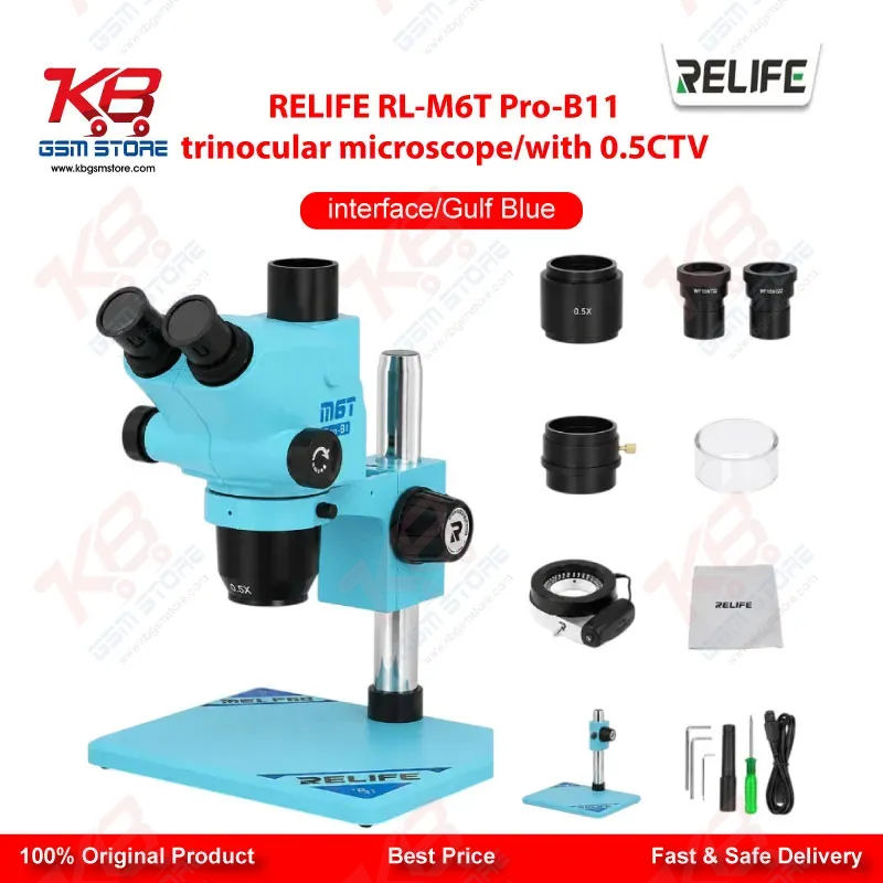 RELIFE RL-M6T Pro-B11 Trinocular Stereo Microscope 6.5X–65X Continuous Zoom with 0.5X CTV Adapter Gulf Blue | Mobile PCB Repair