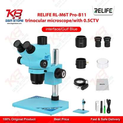 RELIFE RL-M6T Pro-B11 Trinocular Stereo Microscope 6.5X–65X Continuous Zoom with 0.5X CTV Adapter Gulf Blue | Mobile PCB Repair