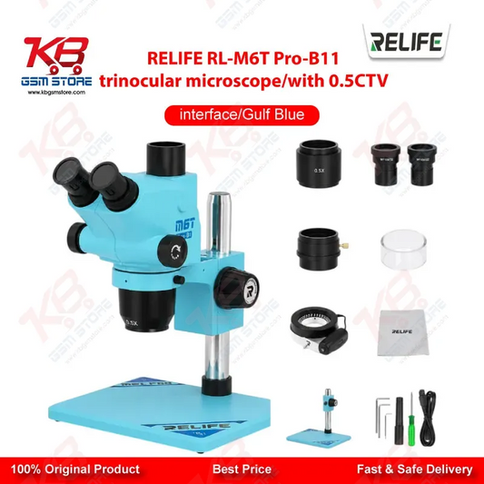 RELIFE RL-M6T Pro-B11 Trinocular Stereo Microscope 6.5X–65X Continuous Zoom with 0.5X CTV Adapter Gulf Blue | Mobile PCB Repair