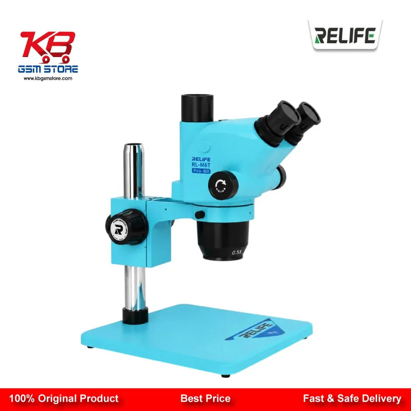 RELIFE RL-M6T Pro-B11 Trinocular Stereo Microscope 6.5X–65X Continuous Zoom with 0.5X CTV Adapter Gulf Blue | Mobile PCB Repair