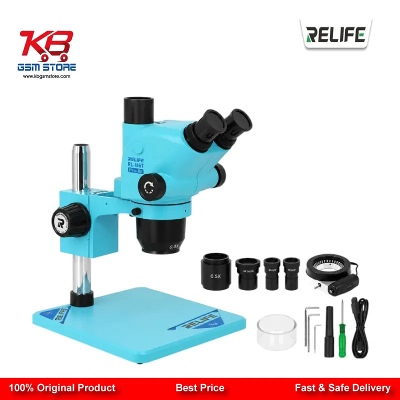 RELIFE RL-M6T Pro-B11 Trinocular Stereo Microscope 6.5X–65X Continuous Zoom with 0.5X CTV Adapter Gulf Blue | Mobile PCB Repair