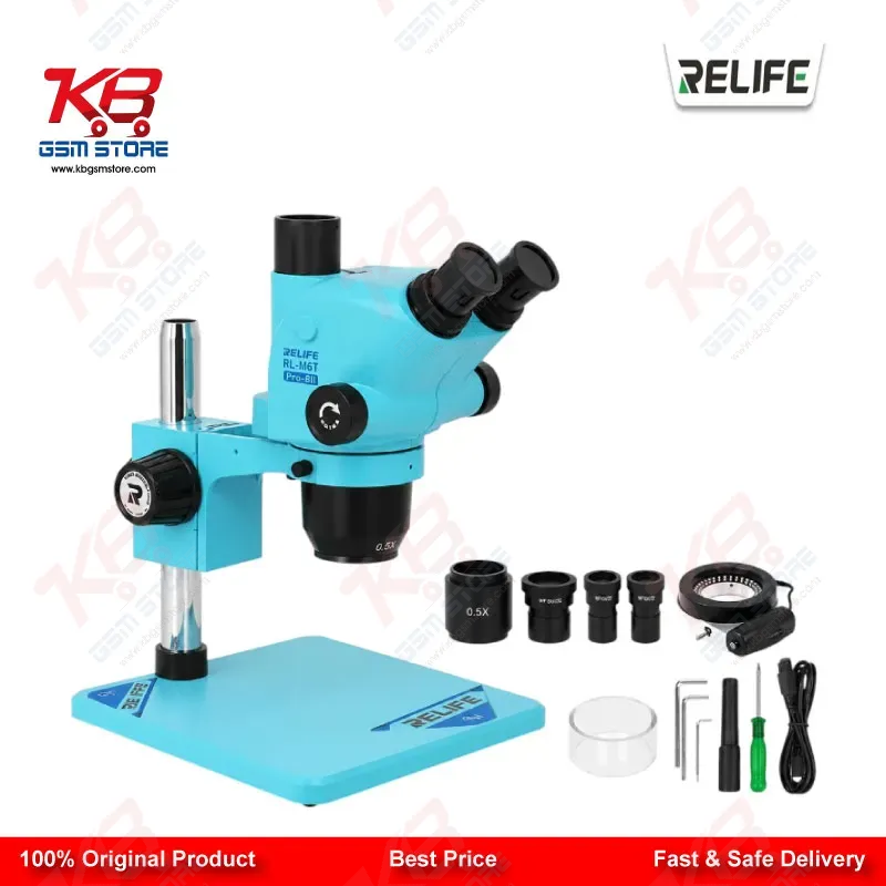 RELIFE RL-M6T Pro-B11 Trinocular Stereo Microscope 6.5X–65X Continuous Zoom with 0.5X CTV Adapter Gulf Blue | Mobile PCB Repair