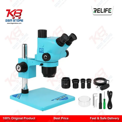 RELIFE RL-M6T Pro-B11 Trinocular Stereo Microscope 6.5X–65X Continuous Zoom with 0.5X CTV Adapter Gulf Blue | Mobile PCB Repair