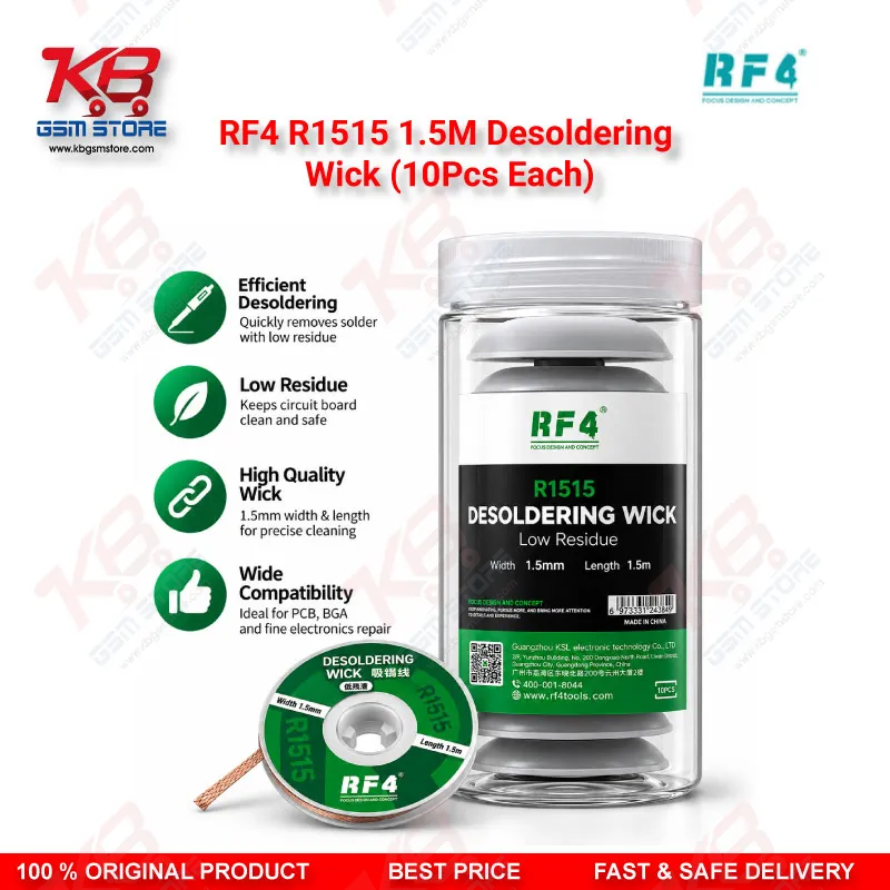 RF4 R1515 1.5M Desoldering Wick (10Pcs Each) – Low-Residue Copper Solder Braid for Mobile PCB & BGA IC Repair