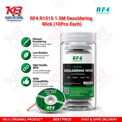 RF4 R1515 1.5M Desoldering Wick (10Pcs Each) – Low-Residue Copper Solder Braid for Mobile PCB & BGA IC Repair